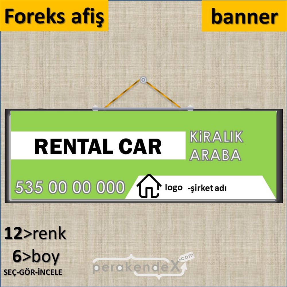 İngilizce Kiralık Araba Yazısı 004 SERT PLASTİK POSTER,  AFİŞ (BANNER) -dikdörtgen,tek yön baskısert plastik poster,  afiş