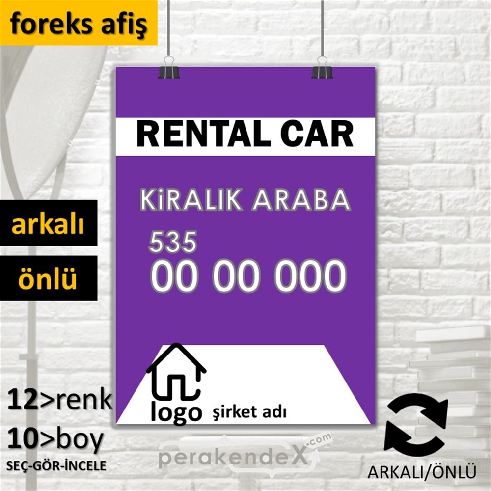 İngilizce Kiralık Araba Yazısı 004 SERT PLASTİK POSTER,  AFİŞ -dikdörtgen,çift yön baskısert plastik poster,  afiş