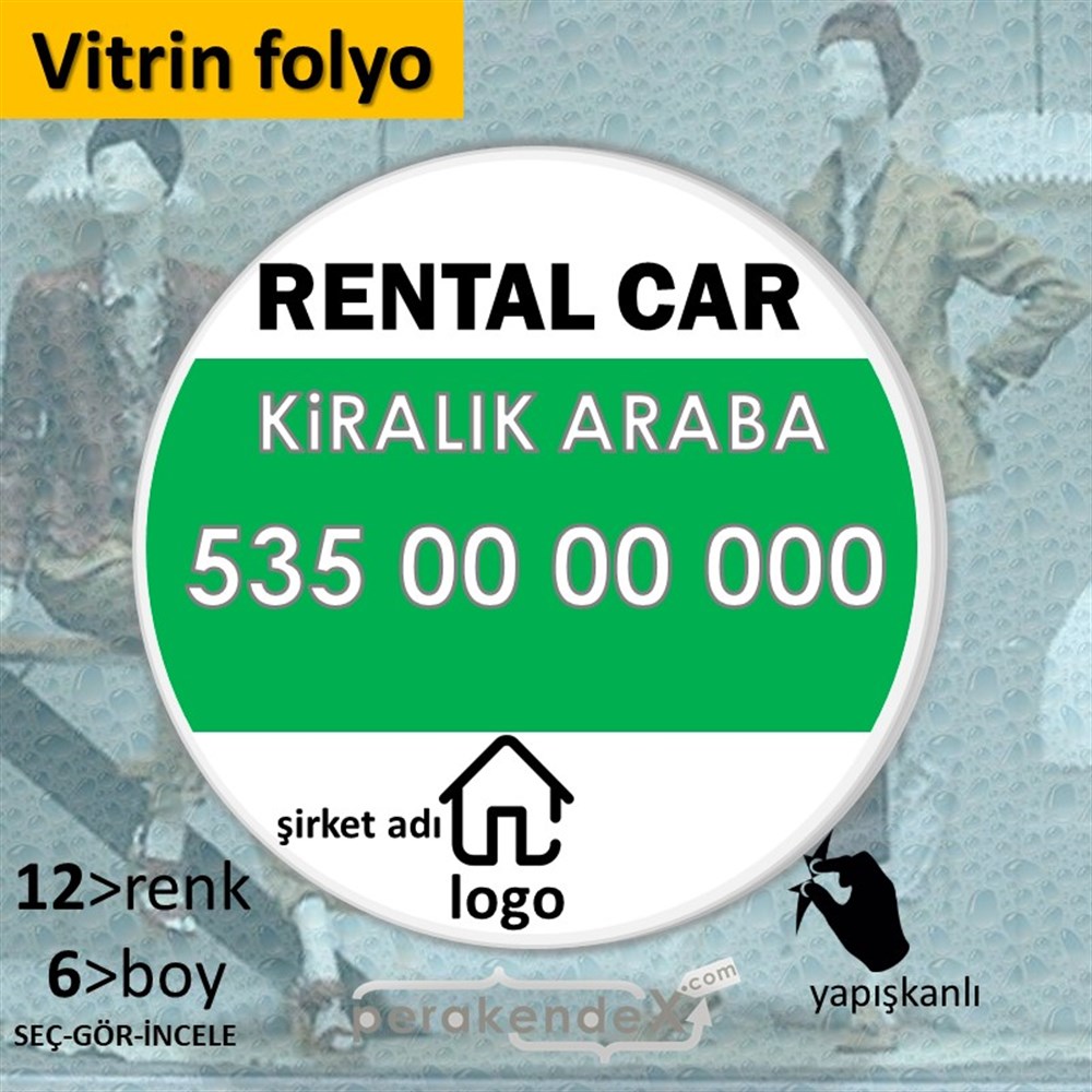 İngilizce Kiralık Araba Yazısı 004 VİTRİN - CAM FOLYO,  VİNİL -oval,tek yön baskıvitrin - cam folyo,  vinil