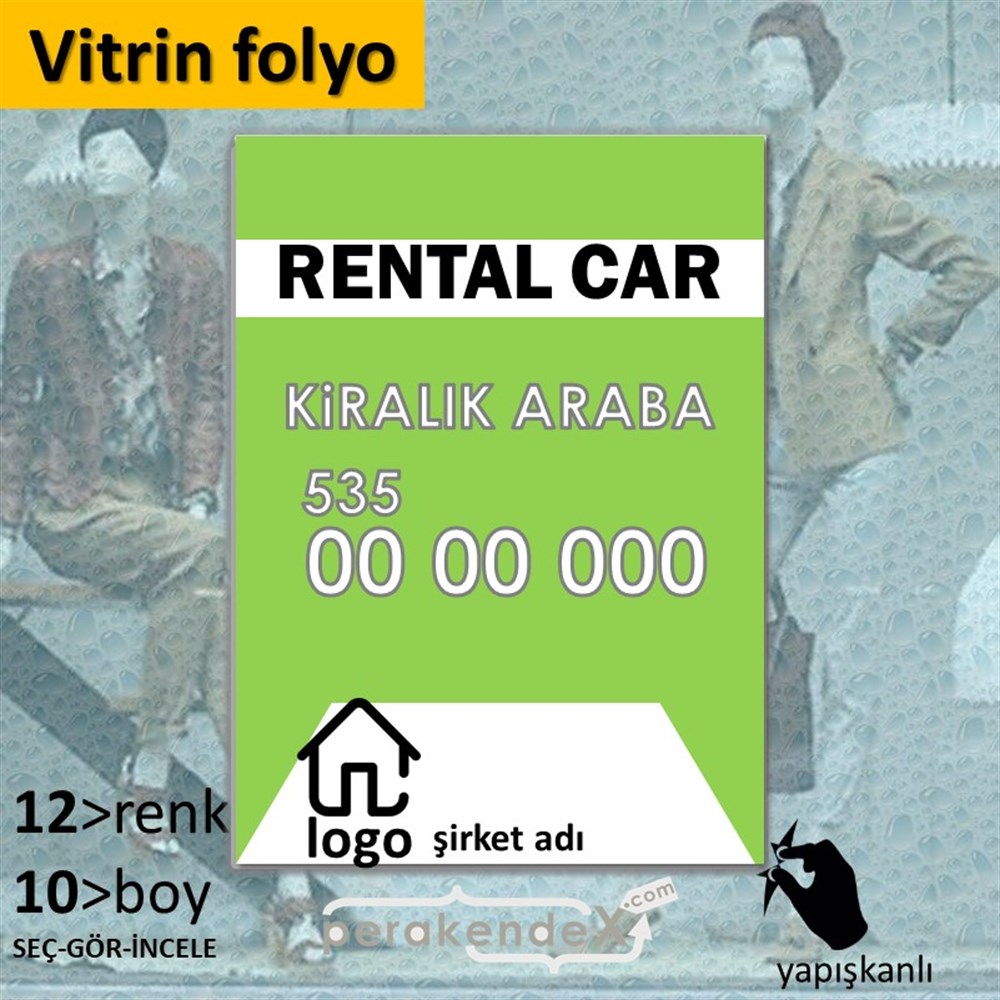 İngilizce Kiralık Araba Yazısı 004 VİTRİN - CAM FOLYO,  VİNİL -dikdörtgen,tek yön baskıvitrin - cam folyo,  vinil