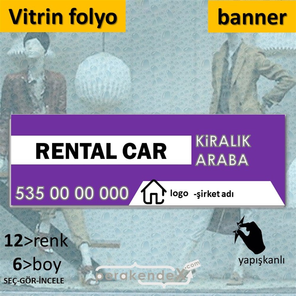 İngilizce Kiralık Araba Yazısı 004 VİTRİN, CAM FOLYO,  VİNİL (BANNER) -dikdörtgen,tek yön baskıvitrin - cam folyo,  vinil
