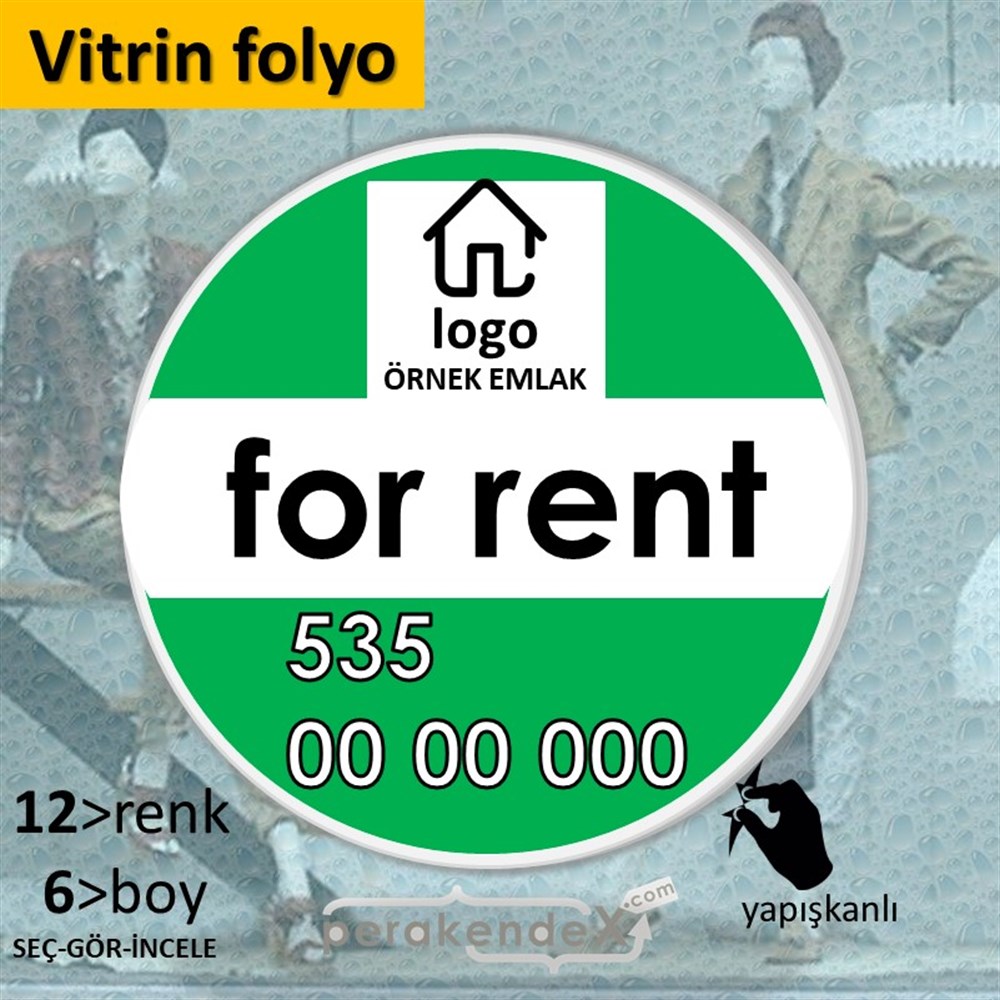 İngilizce Kiralık Yazısı 001 VİTRİN - CAM FOLYO,  VİNİL -oval,tek yön baskıvitrin - cam folyo,  vinil