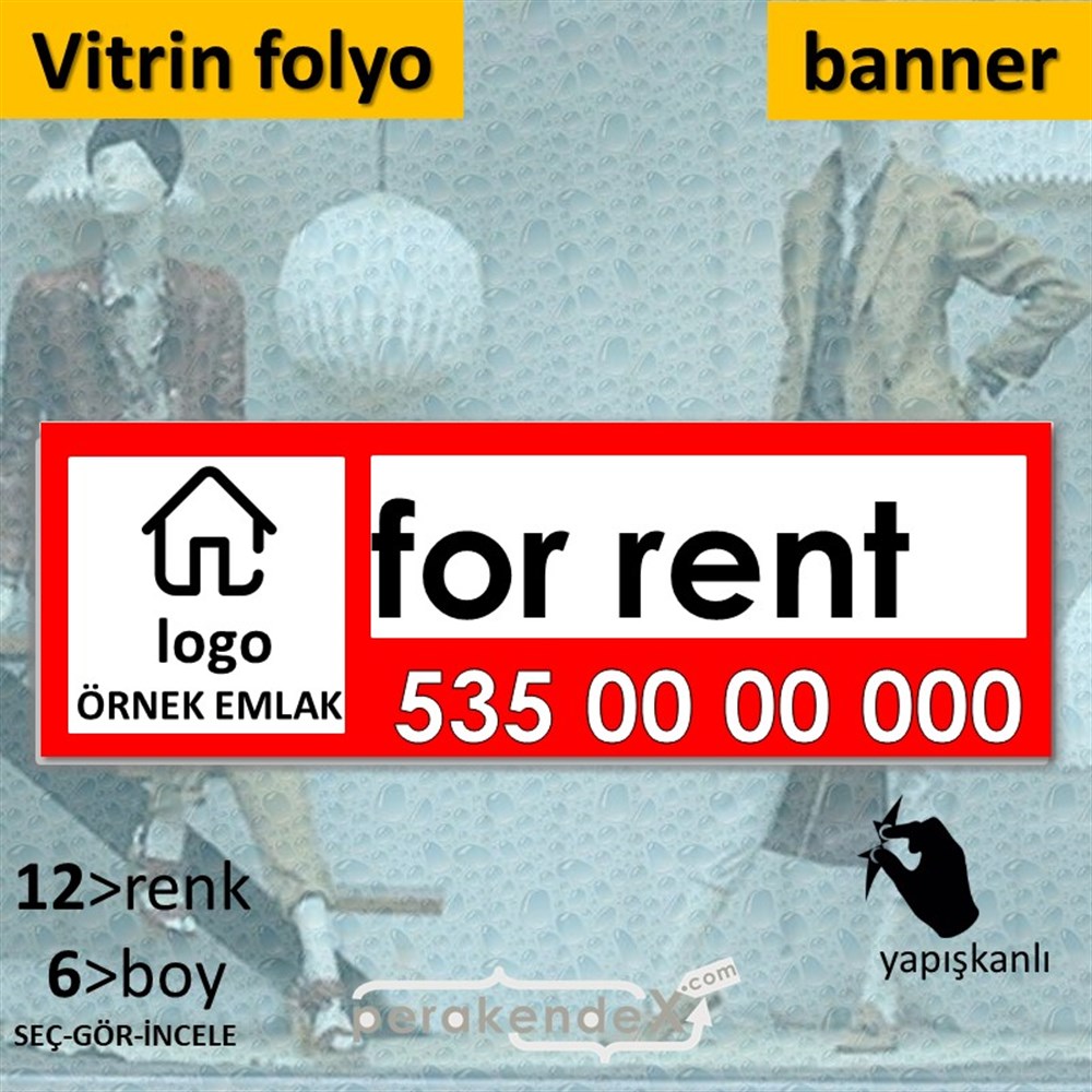 İngilizce Kiralık Yazısı 001 VİTRİN, CAM FOLYO,  VİNİL (BANNER) -dikdörtgen,tek yön baskıvitrin - cam folyo,  vinil