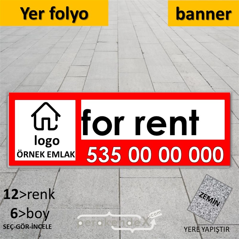 İngilizce Kiralık Yazısı 001 YER - ZEMİN FOLYO,  VİNİL (BANNER) -dikdörtgen,tek yön baskıyer - zemin folyo,  vinil