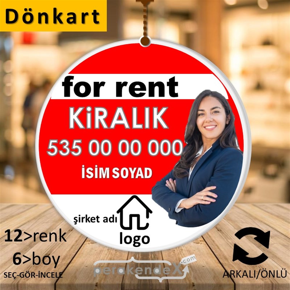 İngilizce Kiralık Yazısı 002 DÖNKART -oval,çift yön baskıdön-kart