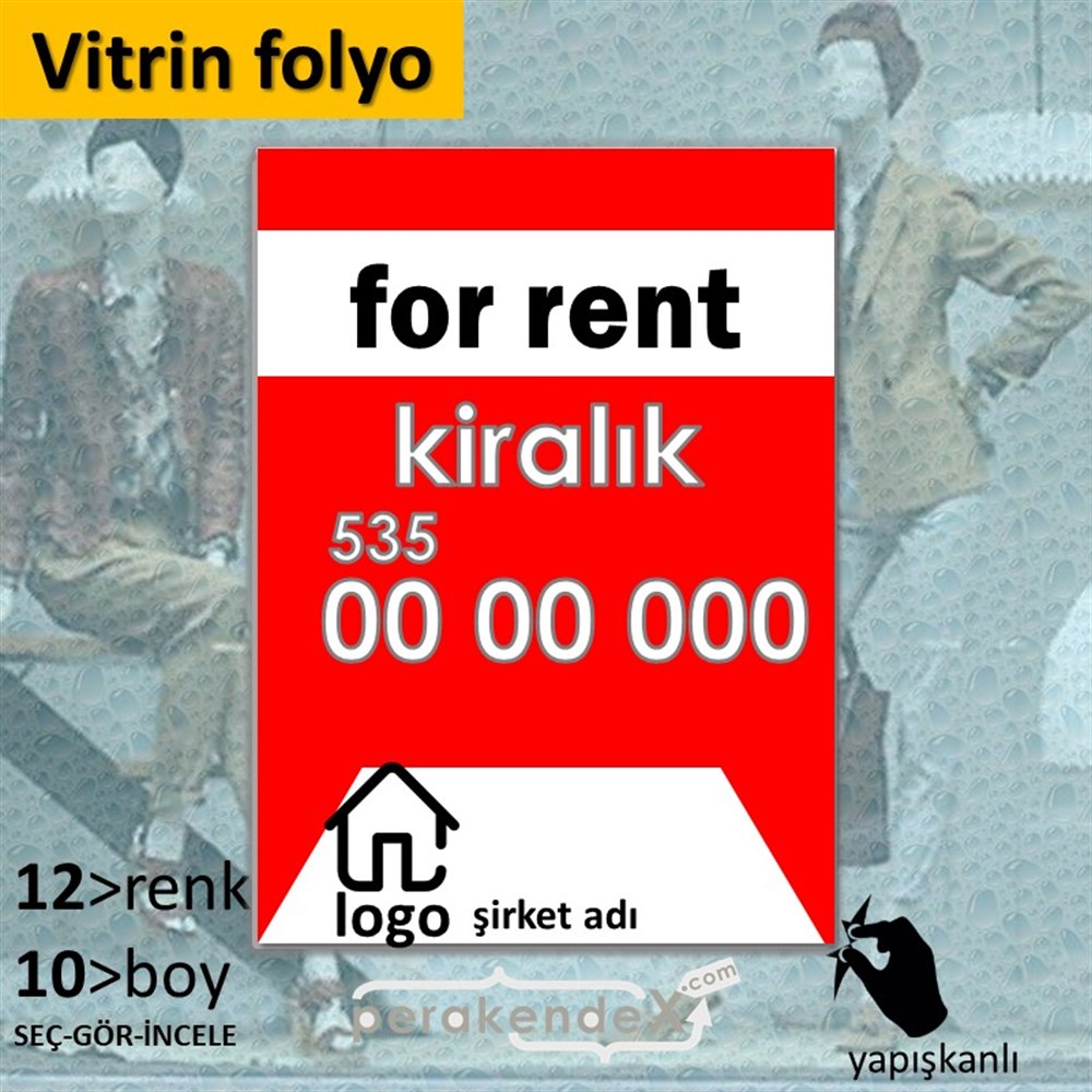 İngilizce Kiralık Yazısı 003 VİTRİN - CAM FOLYO,  VİNİL -dikdörtgen,tek yön baskıvitrin - cam folyo,  vinil