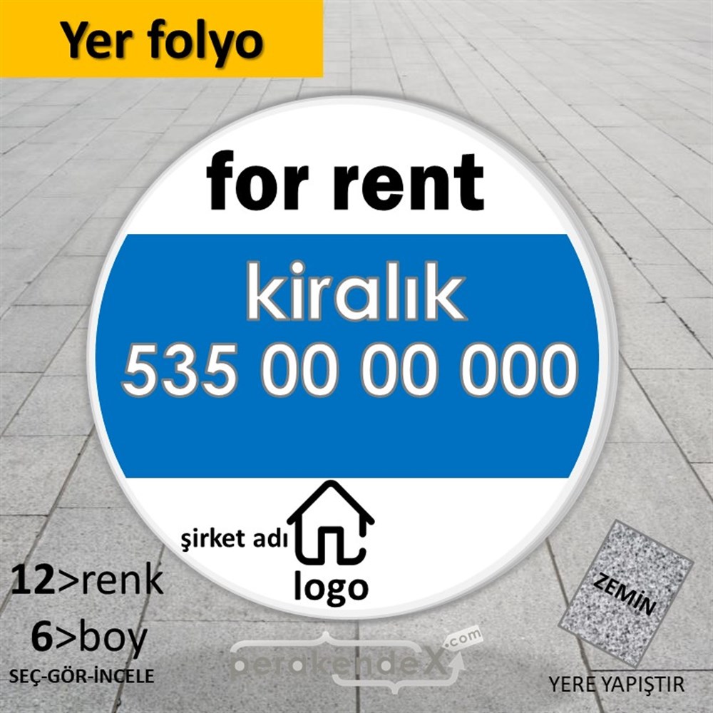 İngilizce Kiralık Yazısı 003 YER - ZEMİN FOLYO,  VİNİL -oval,tek yön baskıyer - zemin folyo,  vinil