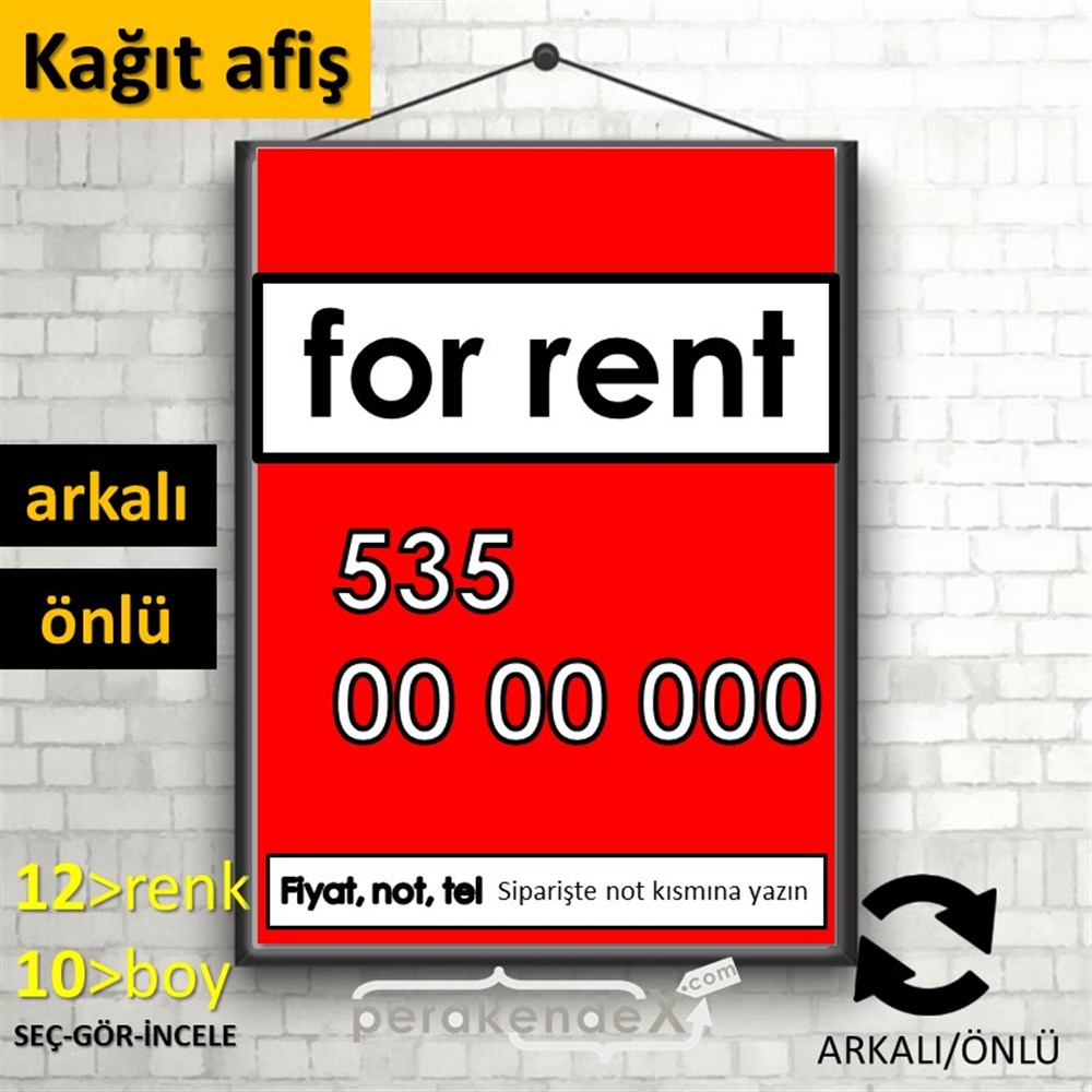 İngilizce Kiralık Yazısı 005 KAĞIT POSTER,  AFİŞ -dikdörtgen,çift yön baskıkağıt poster,  afiş