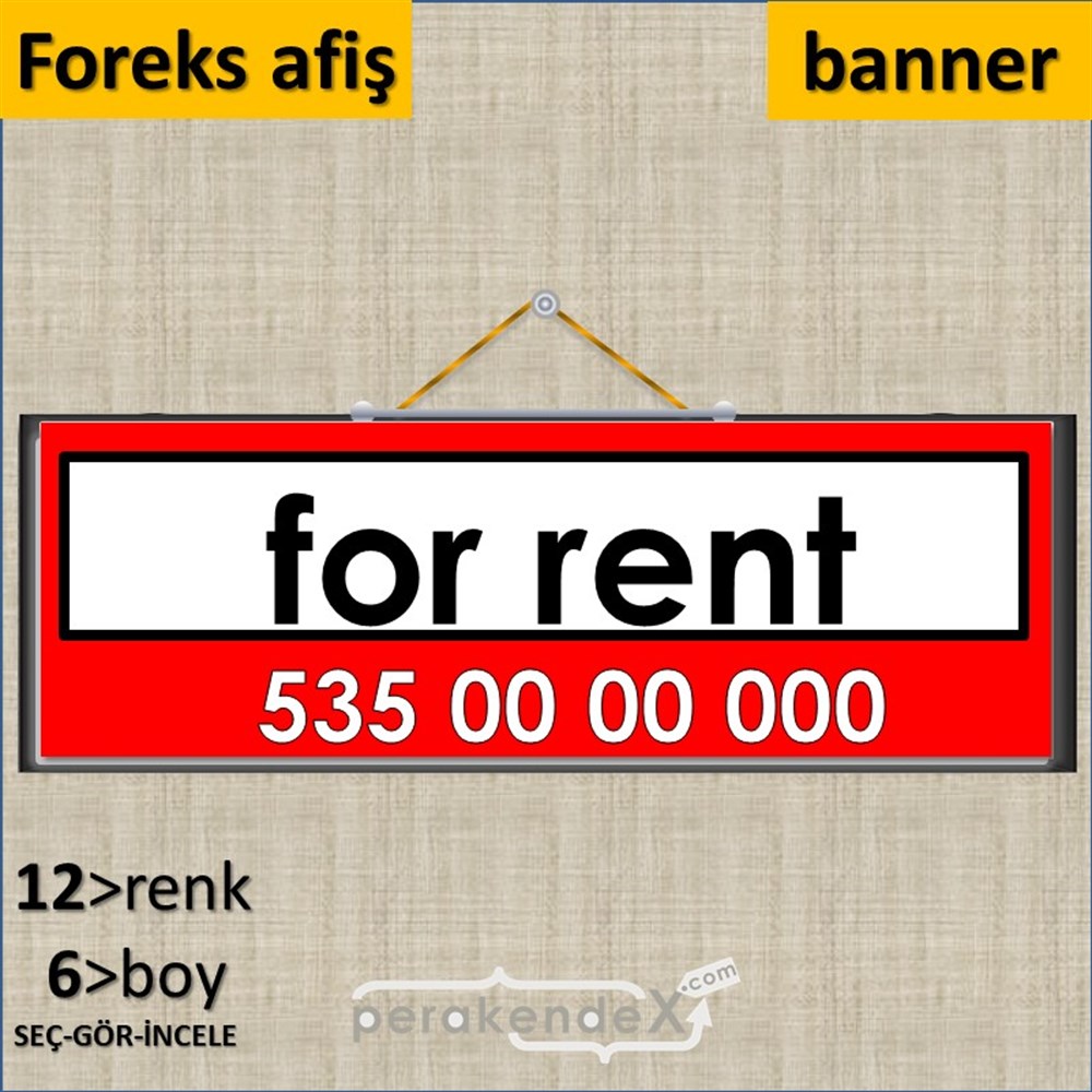 İngilizce Kiralık Yazısı 005 SERT PLASTİK POSTER,  AFİŞ (BANNER) -dikdörtgen,tek yön baskısert plastik poster,  afiş