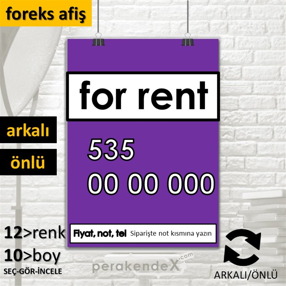 İngilizce Kiralık Yazısı 005 SERT PLASTİK POSTER,  AFİŞ -dikdörtgen,çift yön baskısert plastik poster,  afiş
