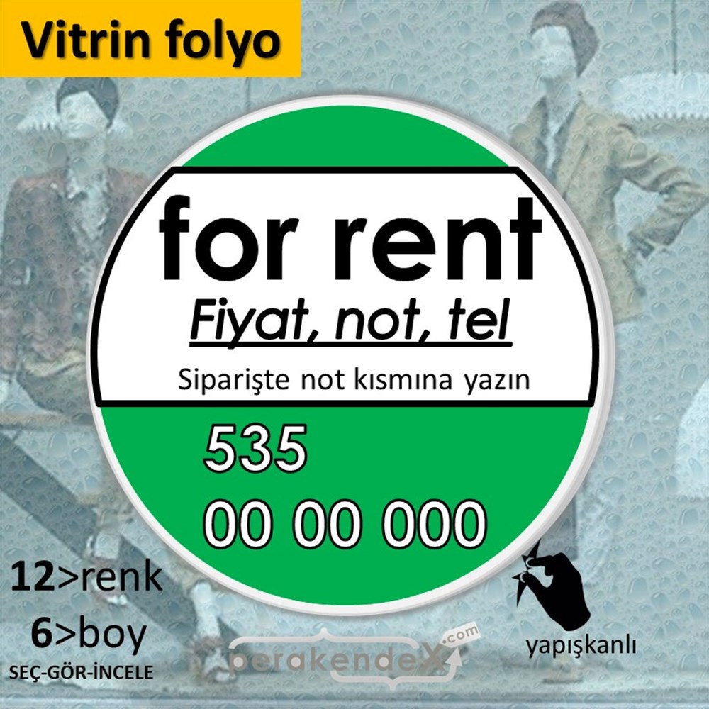 İngilizce Kiralık Yazısı 005 VİTRİN - CAM FOLYO,  VİNİL -oval,tek yön baskıvitrin - cam folyo,  vinil