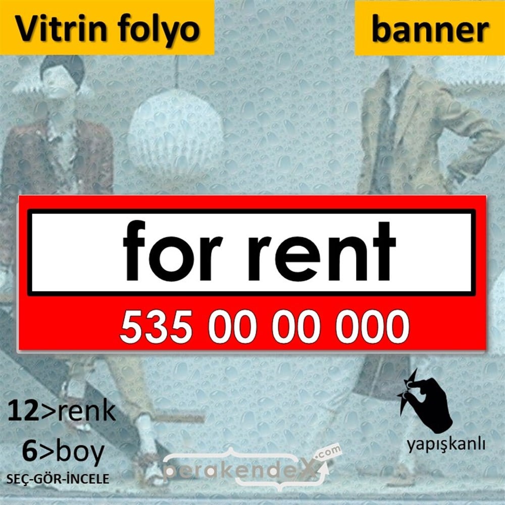 İngilizce Kiralık Yazısı 005 VİTRİN, CAM FOLYO,  VİNİL (BANNER) -dikdörtgen,tek yön baskıvitrin - cam folyo,  vinil