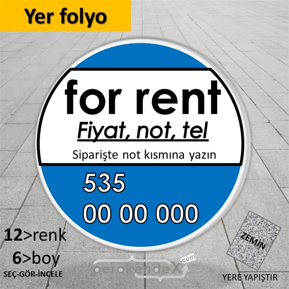 İngilizce Kiralık Yazısı 005 YER - ZEMİN FOLYO,  VİNİL -oval,tek yön baskıyer - zemin folyo,  vinil