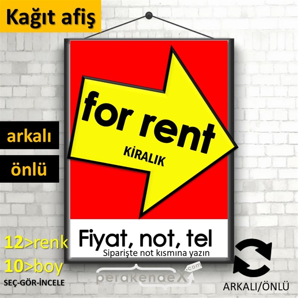 İngilizce Kiralık Yazısı 007 KAĞIT POSTER,  AFİŞ -dikdörtgen,çift yön baskıkağıt poster,  afiş