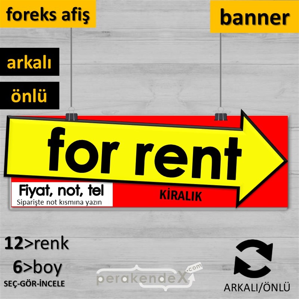 İngilizce Kiralık Yazısı 007 SERT PLASTİK POSTER,  AFİŞ (BANNER) -dikdörtgen,çift yön baskısert plastik poster,  afiş