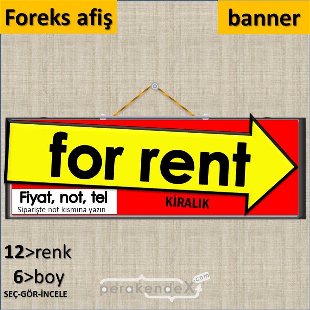 İngilizce Kiralık Yazısı 007 SERT PLASTİK POSTER,  AFİŞ (BANNER) -dikdörtgen,tek yön baskısert plastik poster,  afiş