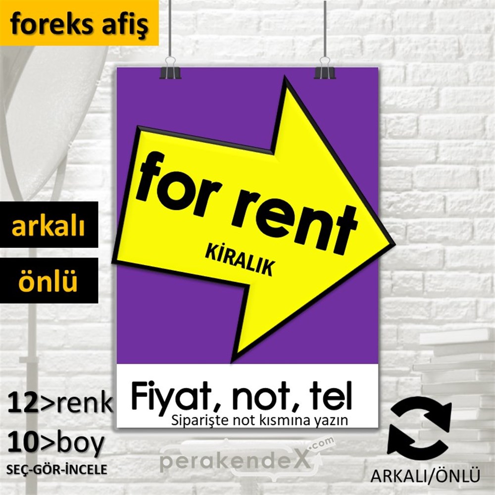 İngilizce Kiralık Yazısı 007 SERT PLASTİK POSTER,  AFİŞ -dikdörtgen,çift yön baskısert plastik poster,  afiş