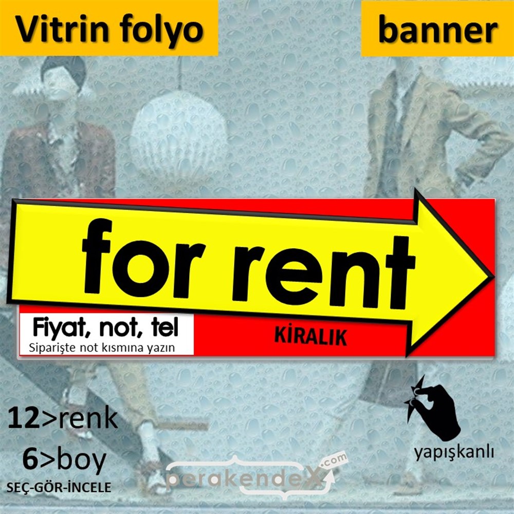 İngilizce Kiralık Yazısı 007 VİTRİN, CAM FOLYO,  VİNİL (BANNER) -dikdörtgen,tek yön baskıvitrin - cam folyo,  vinil