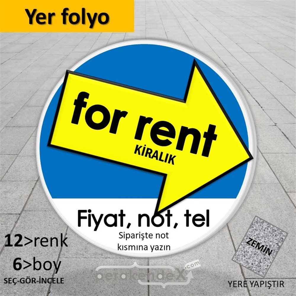 İngilizce Kiralık Yazısı 007 YER - ZEMİN FOLYO,  VİNİL -oval,tek yön baskıyer - zemin folyo,  vinil