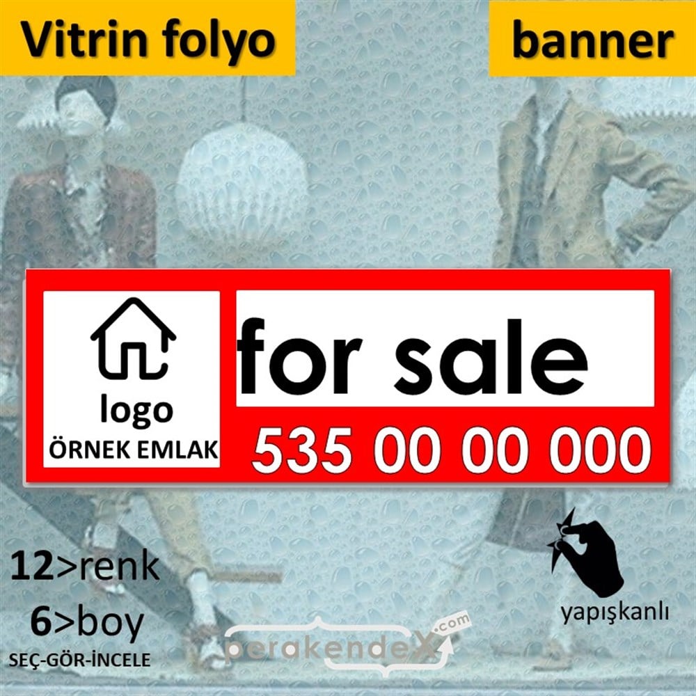 İngilizce Satılık Yazısı 001 VİTRİN, CAM FOLYO,  VİNİL (BANNER) -dikdörtgen,tek yön baskıvitrin - cam folyo,  vinil