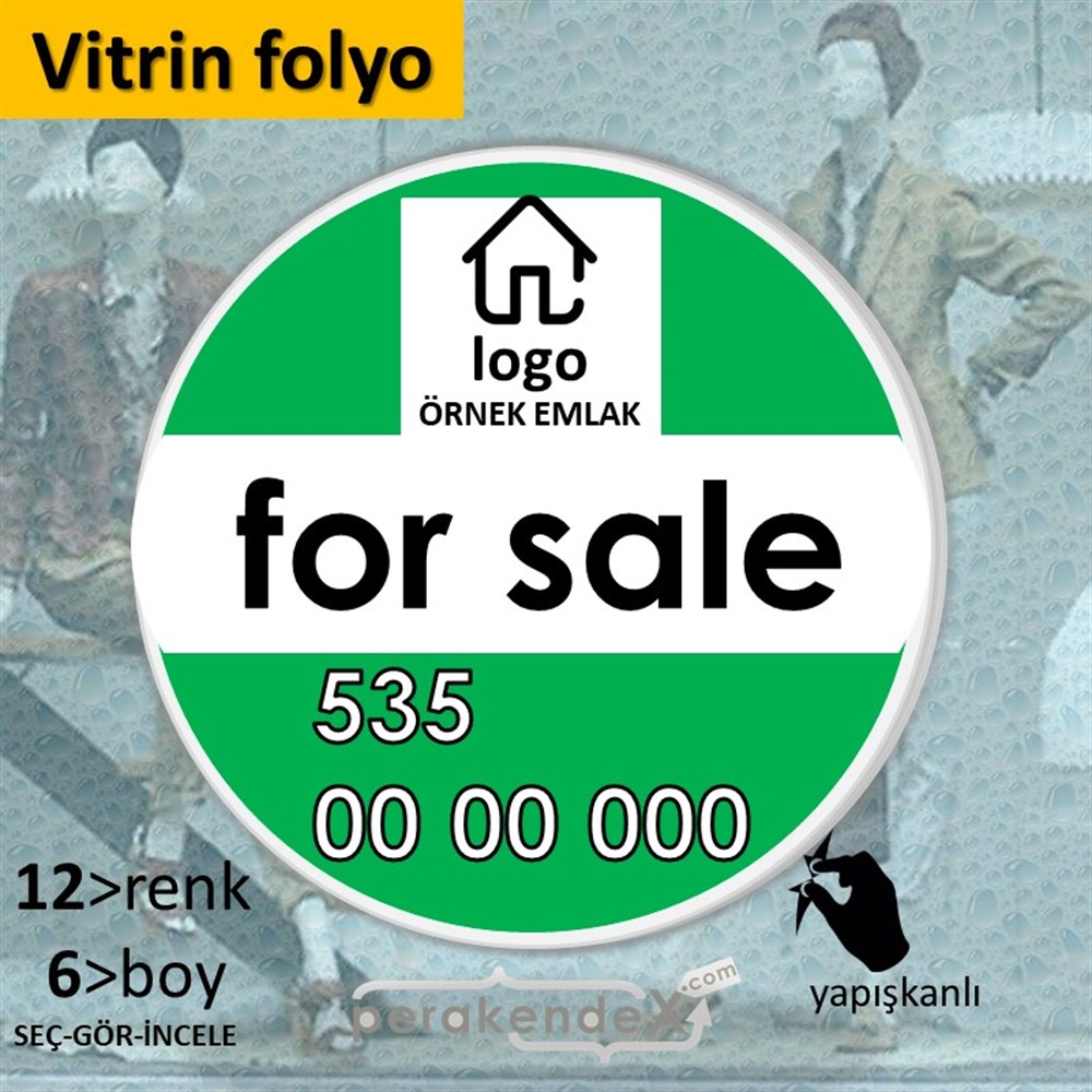 İngilizce Satılık Yazısı 001 VİTRİN - CAM FOLYO,  VİNİL -oval,tek yön baskıvitrin - cam folyo,  vinil