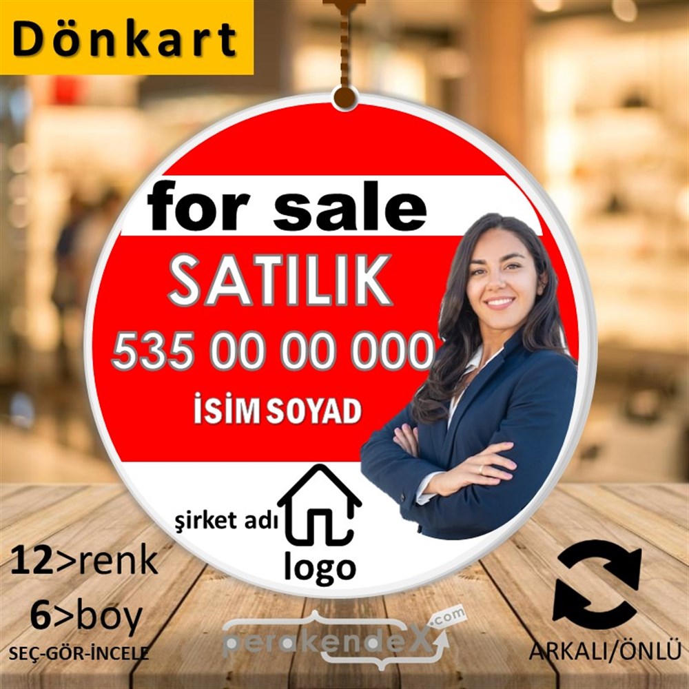 İngilizce Satılık Yazısı 002 DÖNKART -oval,çift yön baskıdön-kart