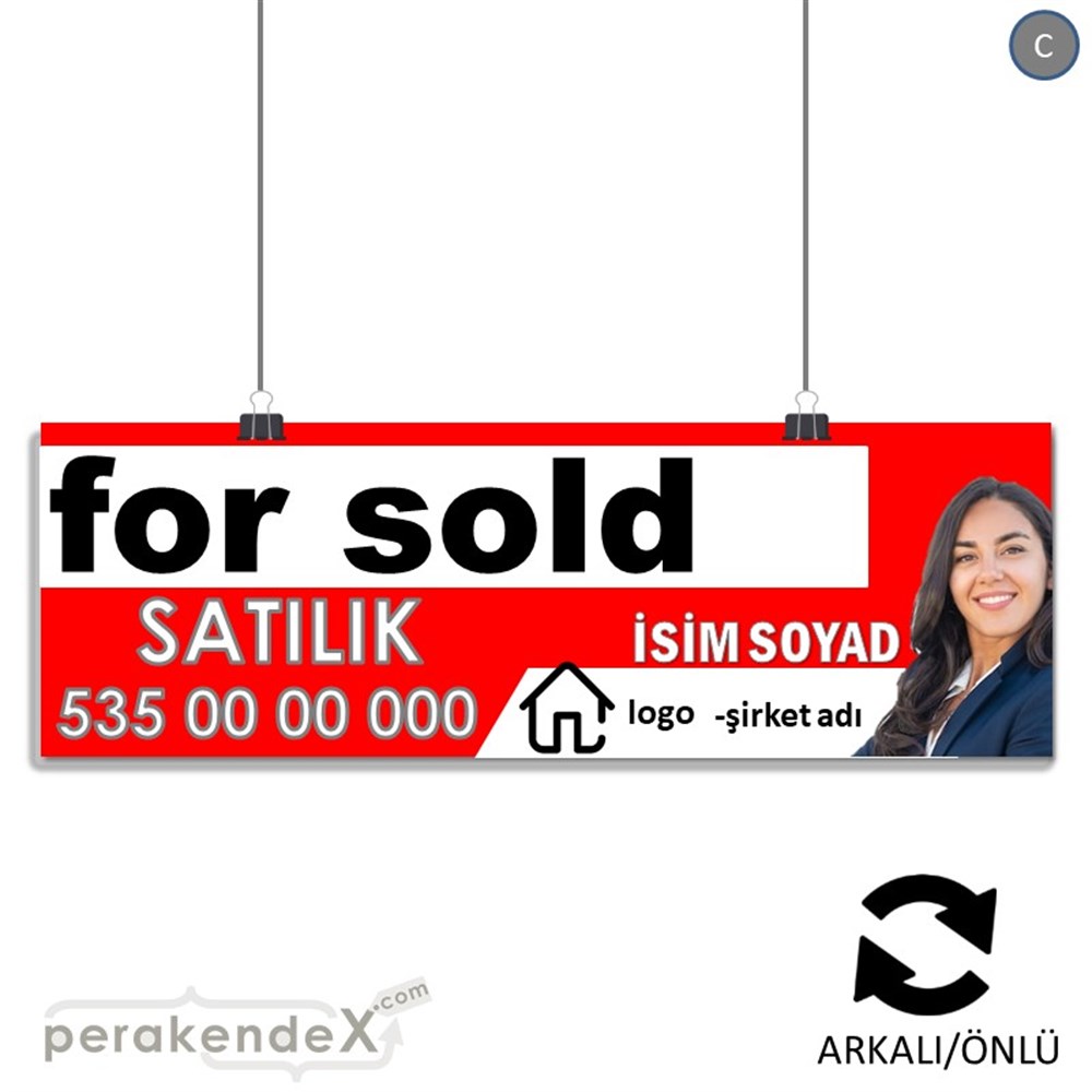 İngilizce Satılık Yazısı 002 SERT PLASTİK POSTER,  AFİŞ (BANNER) -dikdörtgen,çift yön baskısert plastik poster,  afiş