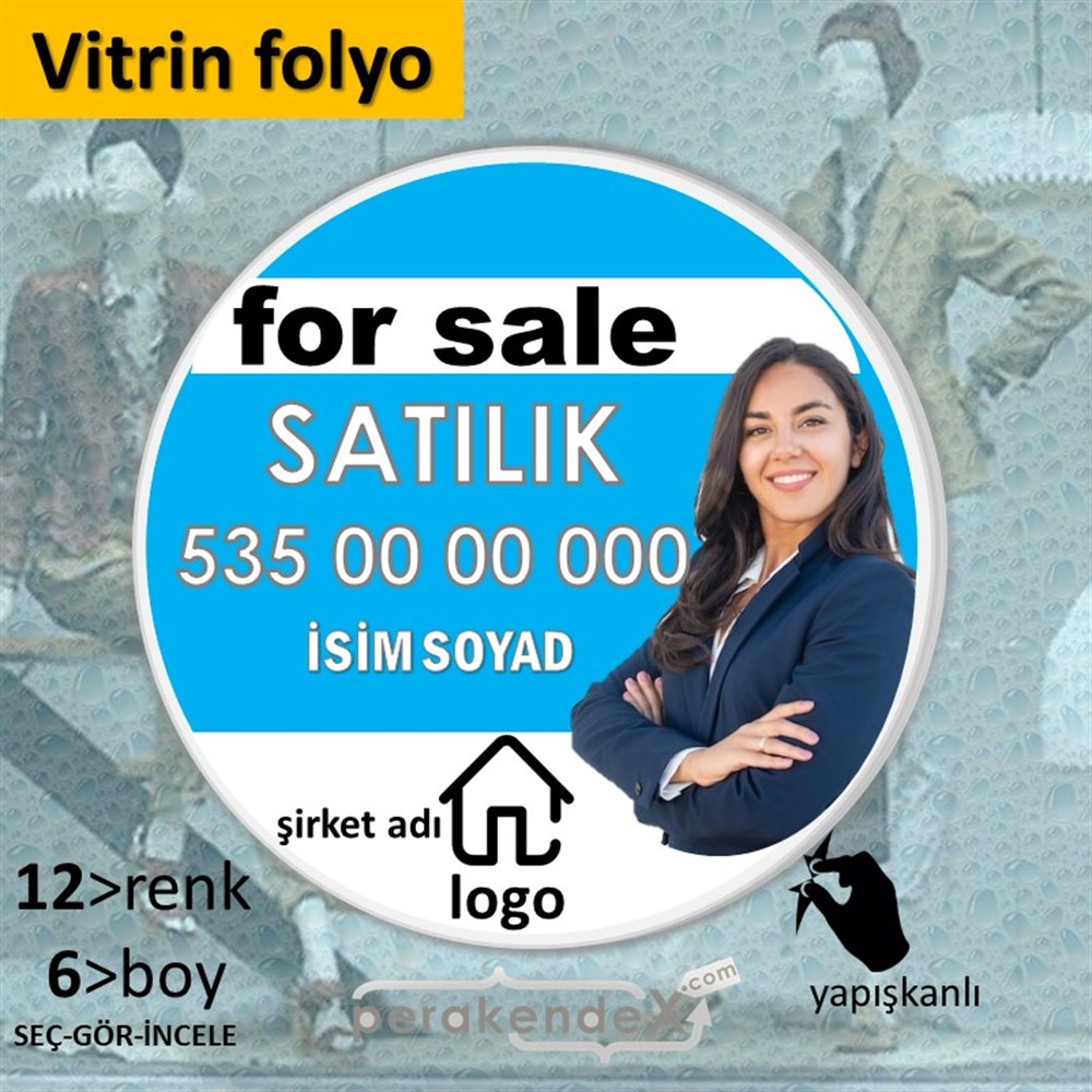 İngilizce Satılık Yazısı 002 VİTRİN - CAM FOLYO,  VİNİL -oval,tek yön baskıvitrin - cam folyo,  vinil