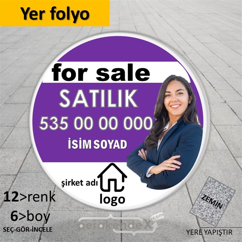 İngilizce Satılık Yazısı 002 YER - ZEMİN FOLYO,  VİNİL -oval,tek yön baskıyer - zemin folyo,  vinil