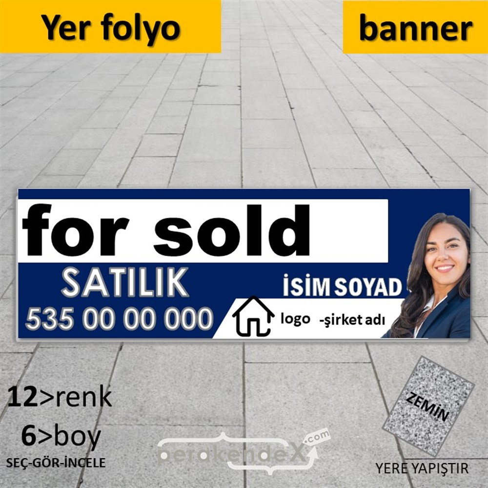 İngilizce Satılık Yazısı 002 YER - ZEMİN FOLYO,  VİNİL (BANNER) -dikdörtgen,tek yön baskıyer - zemin folyo,  vinil