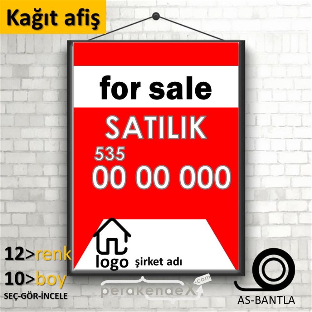 İngilizce Satılık Yazısı 003 KAĞIT POSTER,  AFİŞ -dikdörtgen,tek yön baskıkağıt poster,  afiş