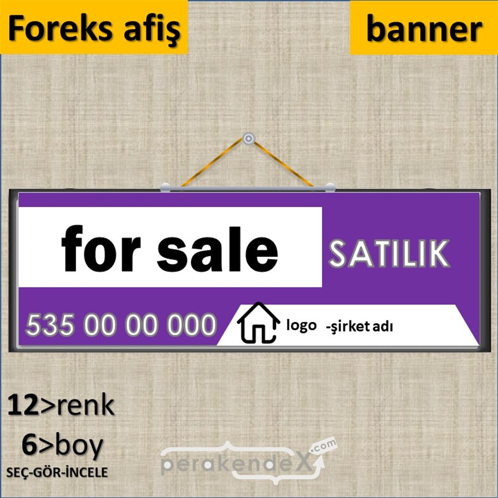 İngilizce Satılık Yazısı 003 SERT PLASTİK POSTER,  AFİŞ (BANNER) -dikdörtgen,tek yön baskısert plastik poster,  afiş