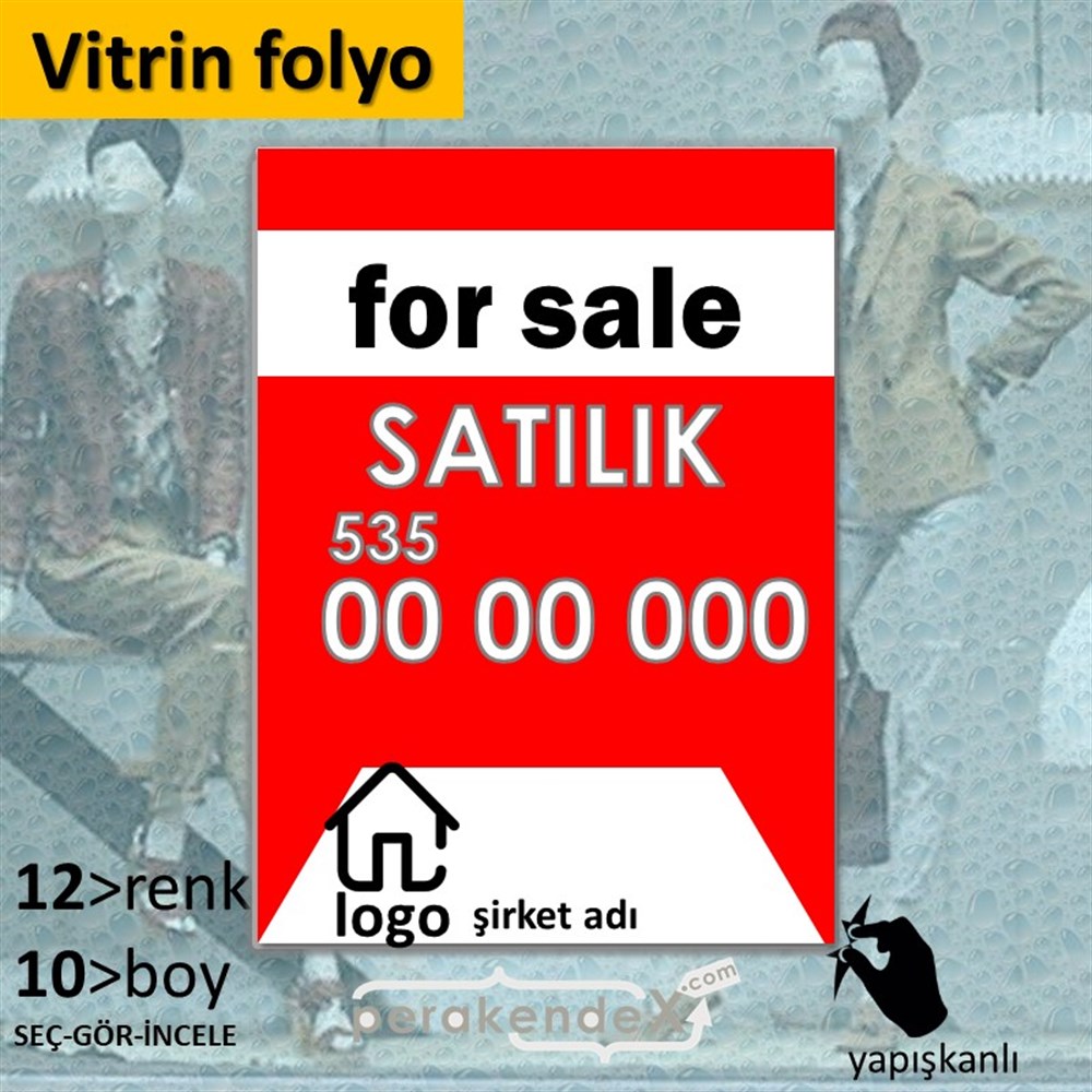 İngilizce Satılık Yazısı 003 VİTRİN - CAM FOLYO,  VİNİL -dikdörtgen,tek yön baskıvitrin - cam folyo,  vinil