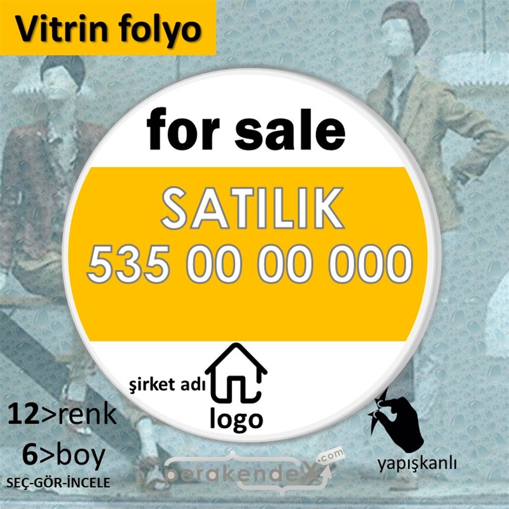 İngilizce Satılık Yazısı 003 VİTRİN - CAM FOLYO,  VİNİL -oval,tek yön baskıvitrin - cam folyo,  vinil
