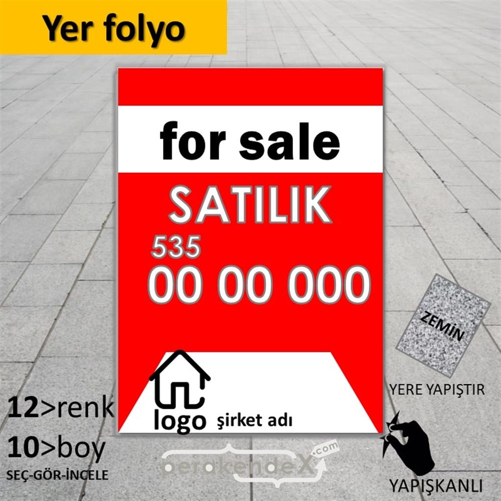 İngilizce Satılık Yazısı 003 YER - ZEMİN FOLYO,  VİNİL -dikdörtgen,tek yön baskıyer - zemin folyo,  vinil