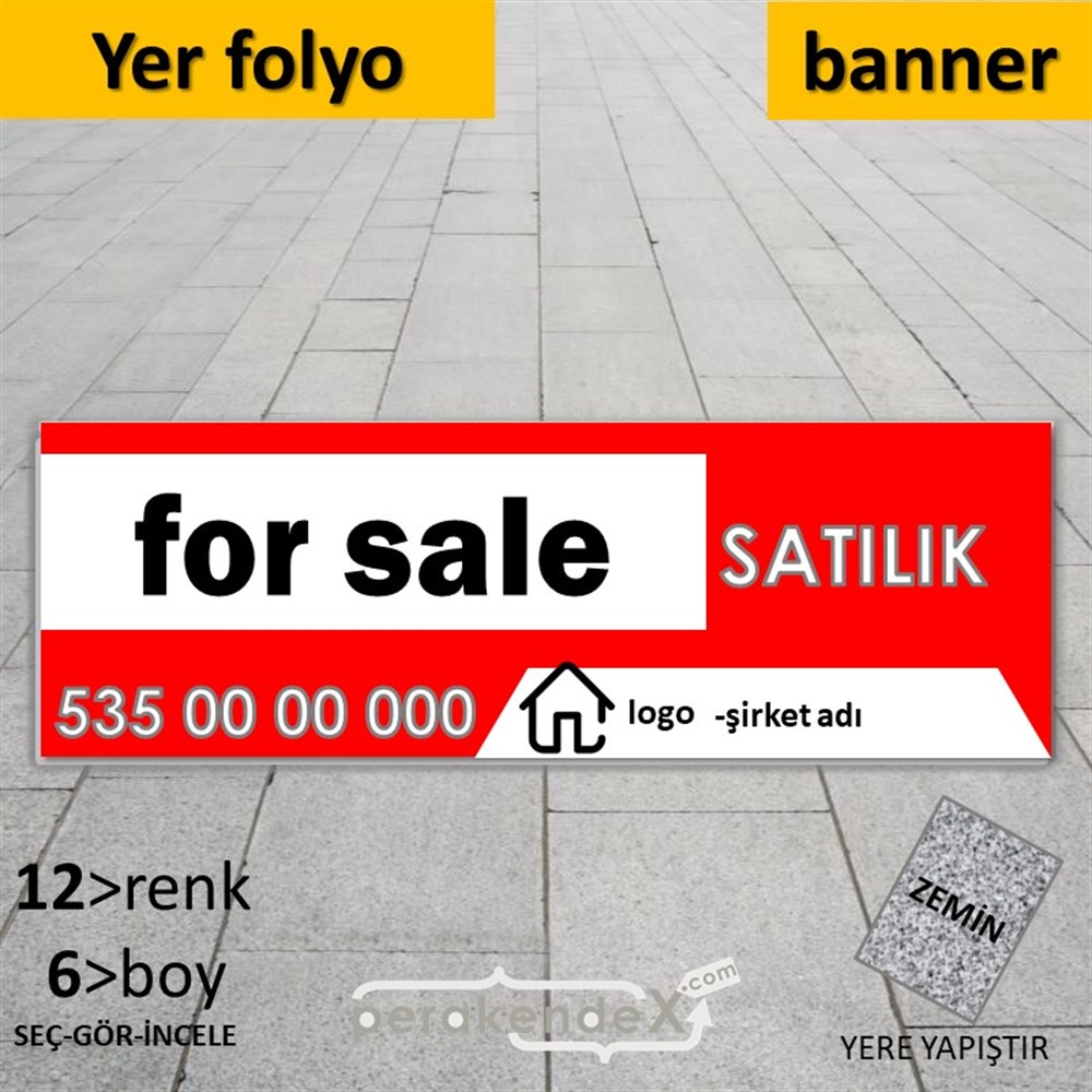 İngilizce Satılık Yazısı 003 YER - ZEMİN FOLYO,  VİNİL (BANNER) -dikdörtgen,tek yön baskıyer - zemin folyo,  vinil