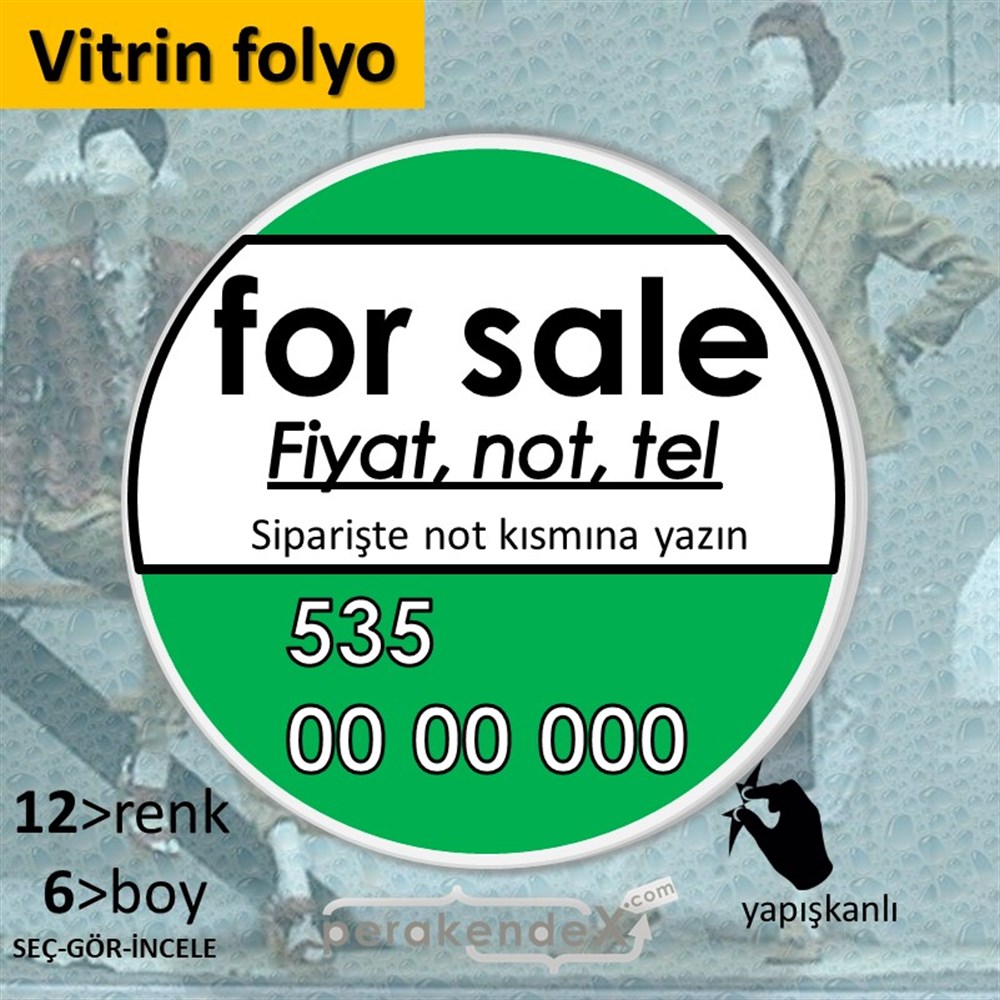 İngilizce Satılık Yazısı 005 VİTRİN - CAM FOLYO,  VİNİL -oval,tek yön baskıvitrin - cam folyo,  vinil