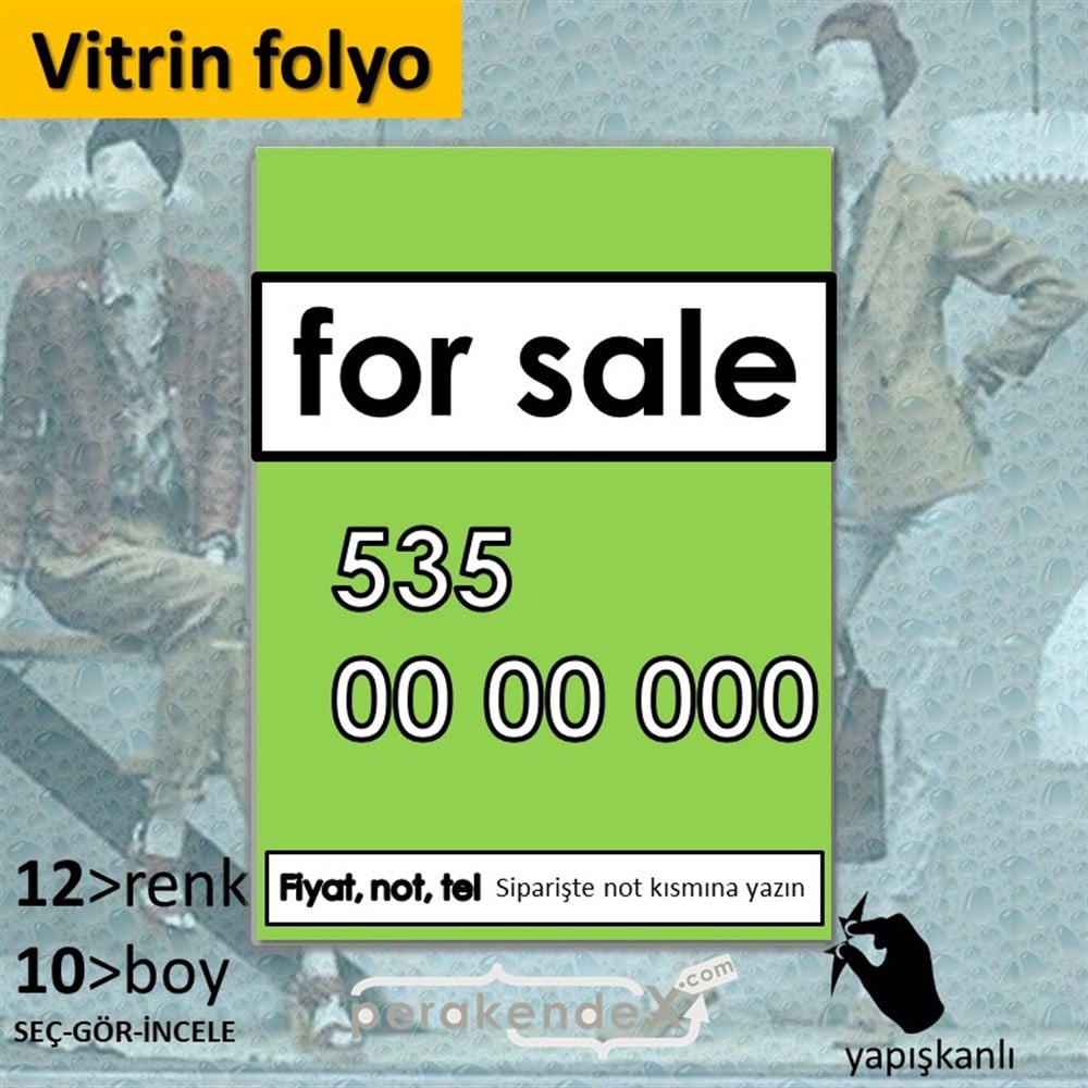 İngilizce Satılık Yazısı 005 VİTRİN - CAM FOLYO,  VİNİL -dikdörtgen,tek yön baskıvitrin - cam folyo,  vinil