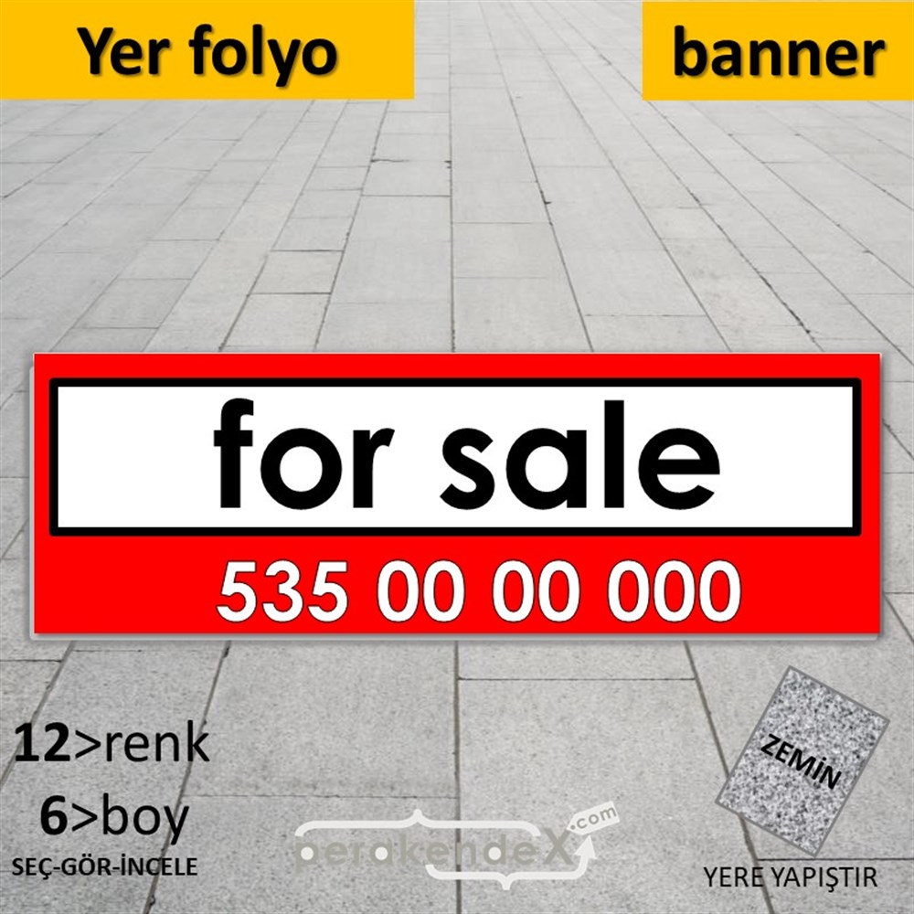 İngilizce Satılık Yazısı 005 YER - ZEMİN FOLYO,  VİNİL (BANNER) -dikdörtgen,tek yön baskıyer - zemin folyo,  vinil