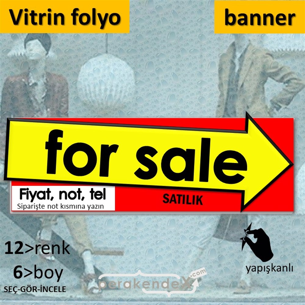 İngilizce Satılık Yazısı 007 VİTRİN, CAM FOLYO,  VİNİL (BANNER) -dikdörtgen,tek yön baskıvitrin - cam folyo,  vinil