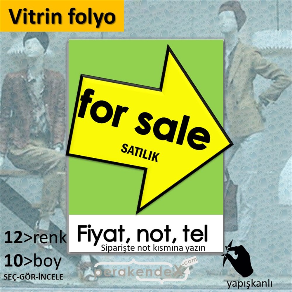 İngilizce Satılık Yazısı 007 VİTRİN - CAM FOLYO,  VİNİL -dikdörtgen,tek yön baskıvitrin - cam folyo,  vinil