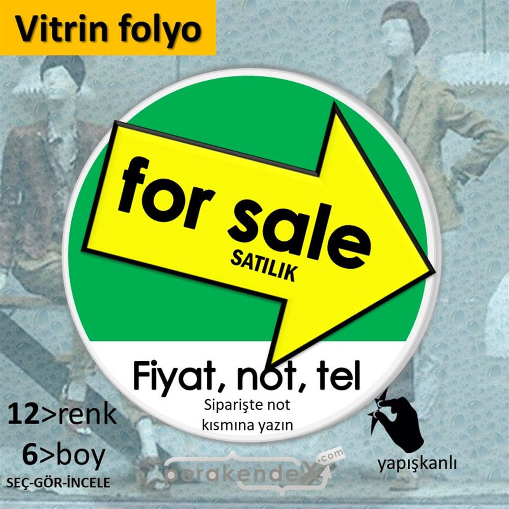 İngilizce Satılık Yazısı 007 VİTRİN - CAM FOLYO,  VİNİL -oval,tek yön baskıvitrin - cam folyo,  vinil