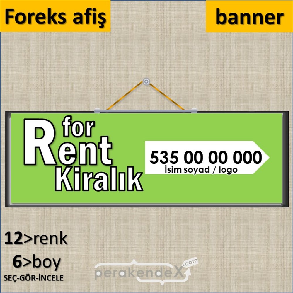 İngilizce Tr Kiralık Yazısı 008 SERT PLASTİK POSTER,  AFİŞ (BANNER) -dikdörtgen,tek yön baskısert plastik poster,  afiş