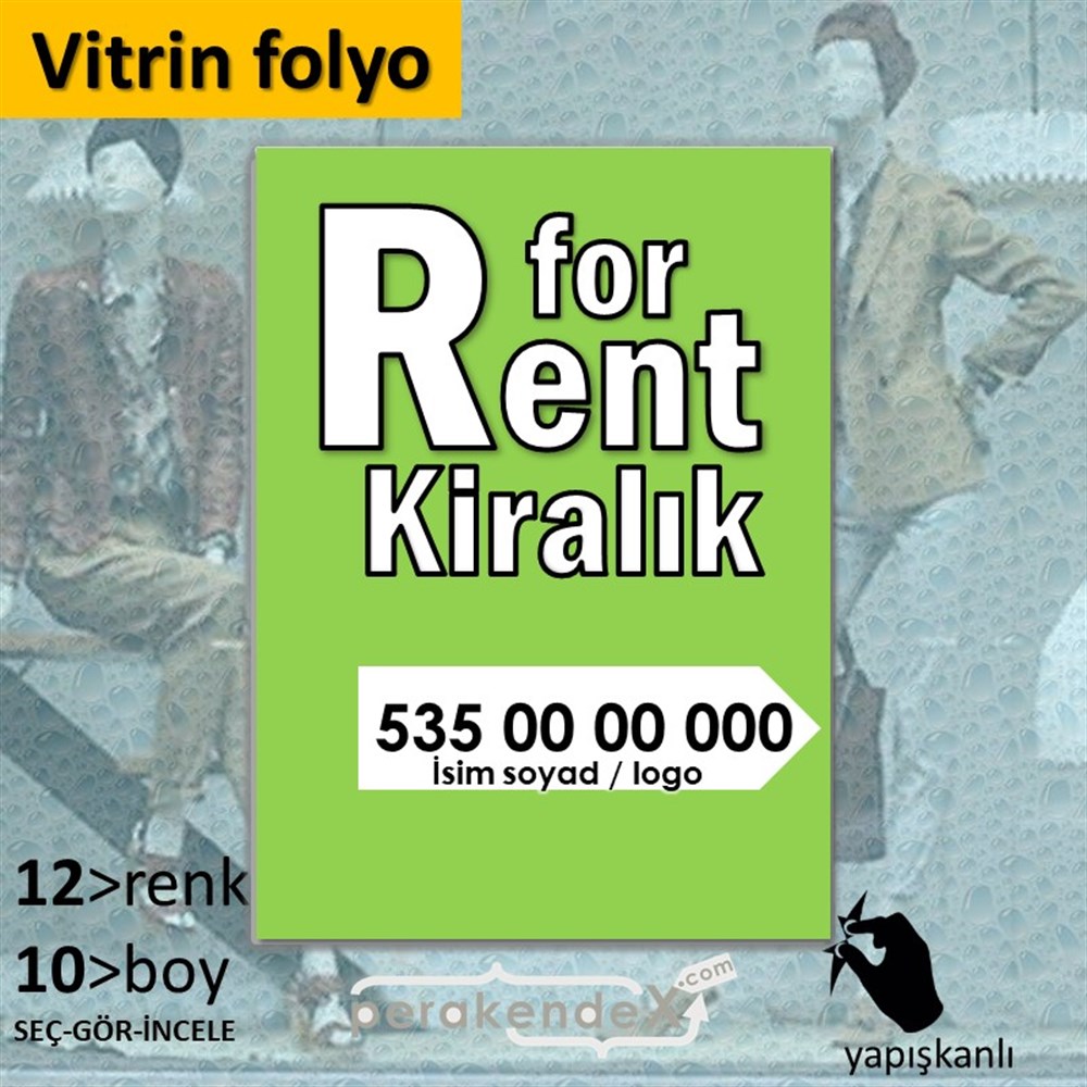 İngilizce Tr Kiralık Yazısı 008 VİTRİN - CAM FOLYO,  VİNİL -dikdörtgen,tek yön baskıvitrin - cam folyo,  vinil