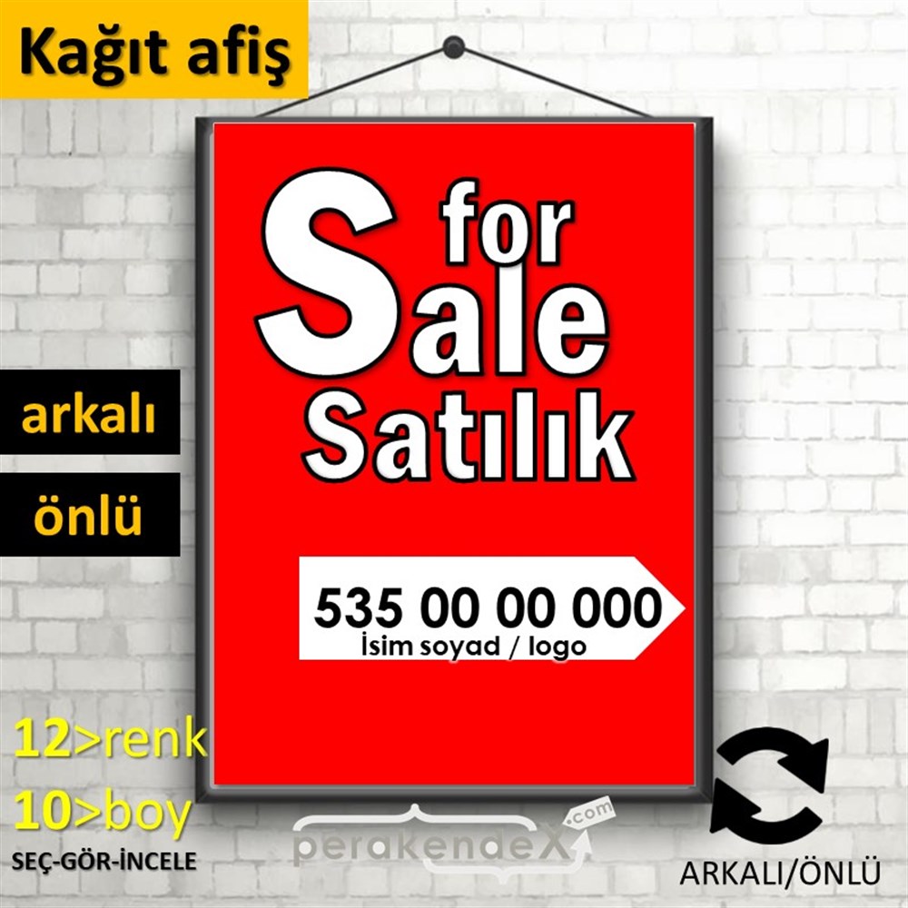 İngilizce Tr Satılık Yazısı 008 KAĞIT POSTER,  AFİŞ -dikdörtgen,çift yön baskıkağıt poster,  afiş