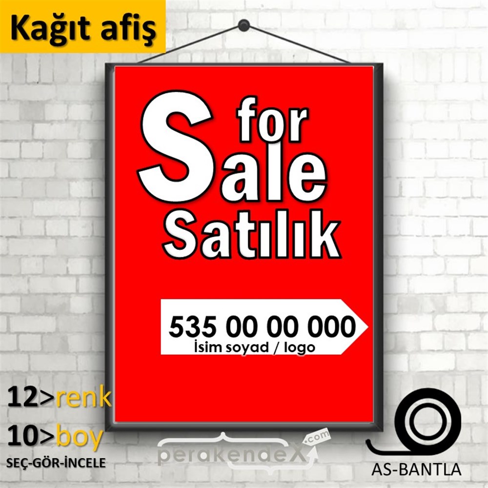 İngilizce Tr Satılık Yazısı 008 KAĞIT POSTER,  AFİŞ -dikdörtgen,tek yön baskıkağıt poster,  afiş