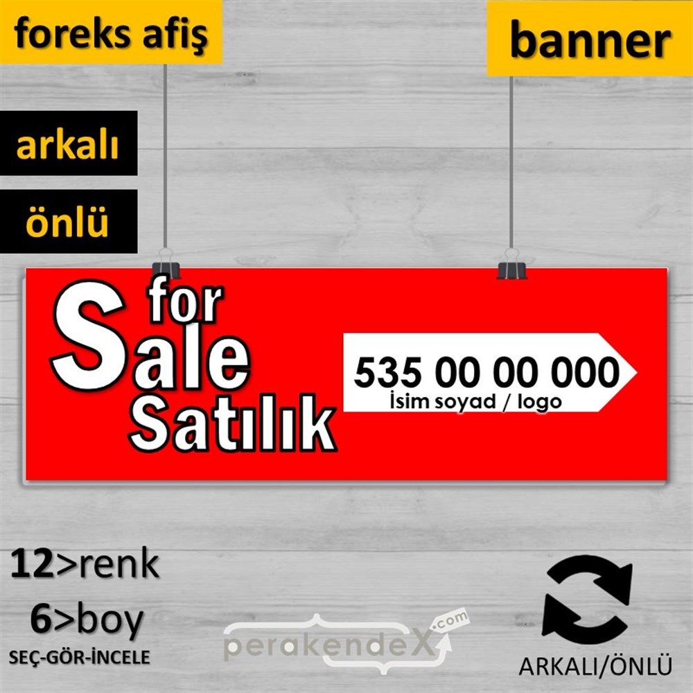 İngilizce Tr Satılık Yazısı 008 SERT PLASTİK POSTER,  AFİŞ (BANNER) -dikdörtgen,çift yön baskısert plastik poster,  afiş