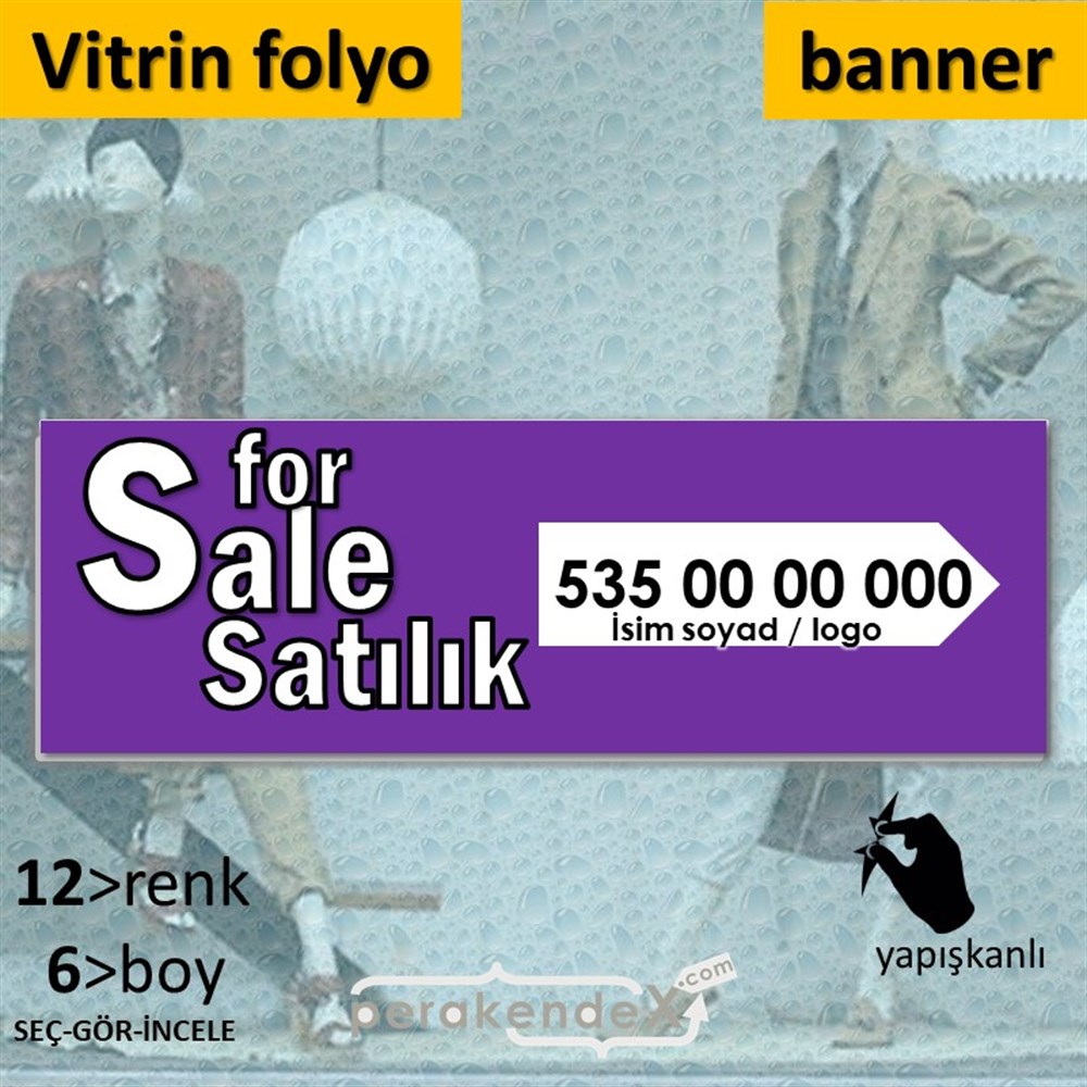 İngilizce Tr Satılık Yazısı 008 VİTRİN, CAM FOLYO,  VİNİL (BANNER) -dikdörtgen,tek yön baskıvitrin - cam folyo,  vinil