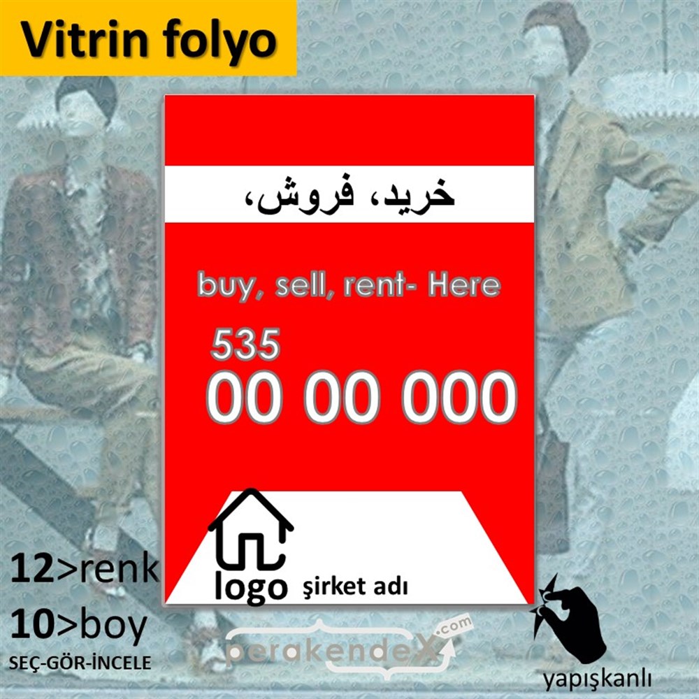 İranca Farsça Al & Sat & Kirala Yazısı 004 VİTRİN - CAM FOLYO,  VİNİL -dikdörtgen,tek yön baskıvitrin - cam folyo,  vinil