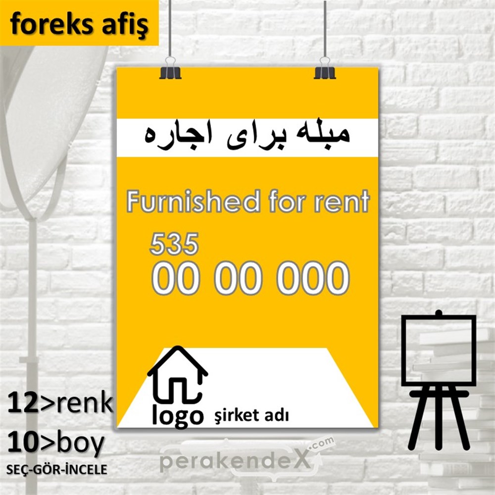 İranca Farsça Eşyalı Kiralık Yazısı 004 SERT PLASTİK POSTER,  AFİŞ -dikdörtgen,tek yön baskısert plastik poster,  afiş